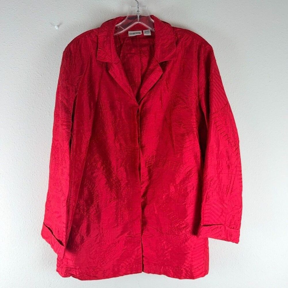 Chicos Textured Jacket Silk Blazer Size L Red Jacquard Long Sleeve Lagenlook